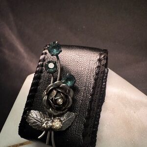 Silver Rose Brooch with Green Gems